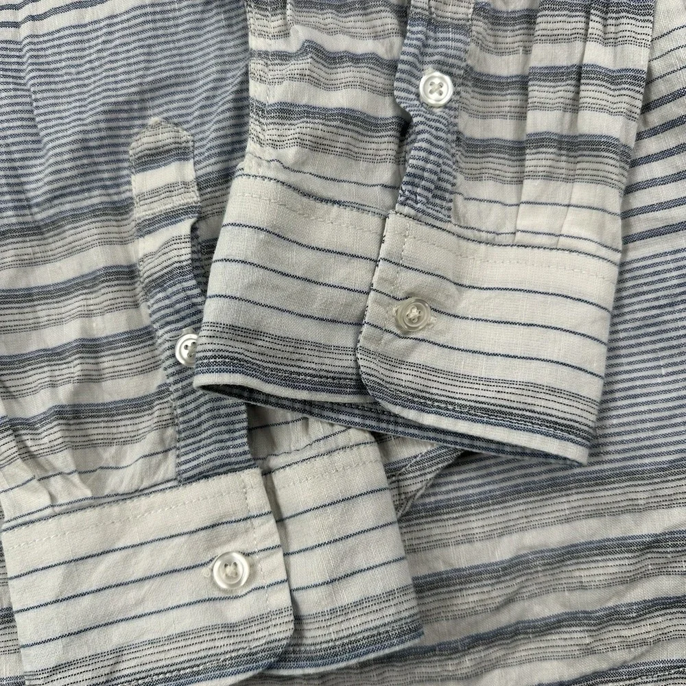 True Religion Men's Linen Cotton Shirt XXL White Blue Striped 2XL Long Sleeve‎